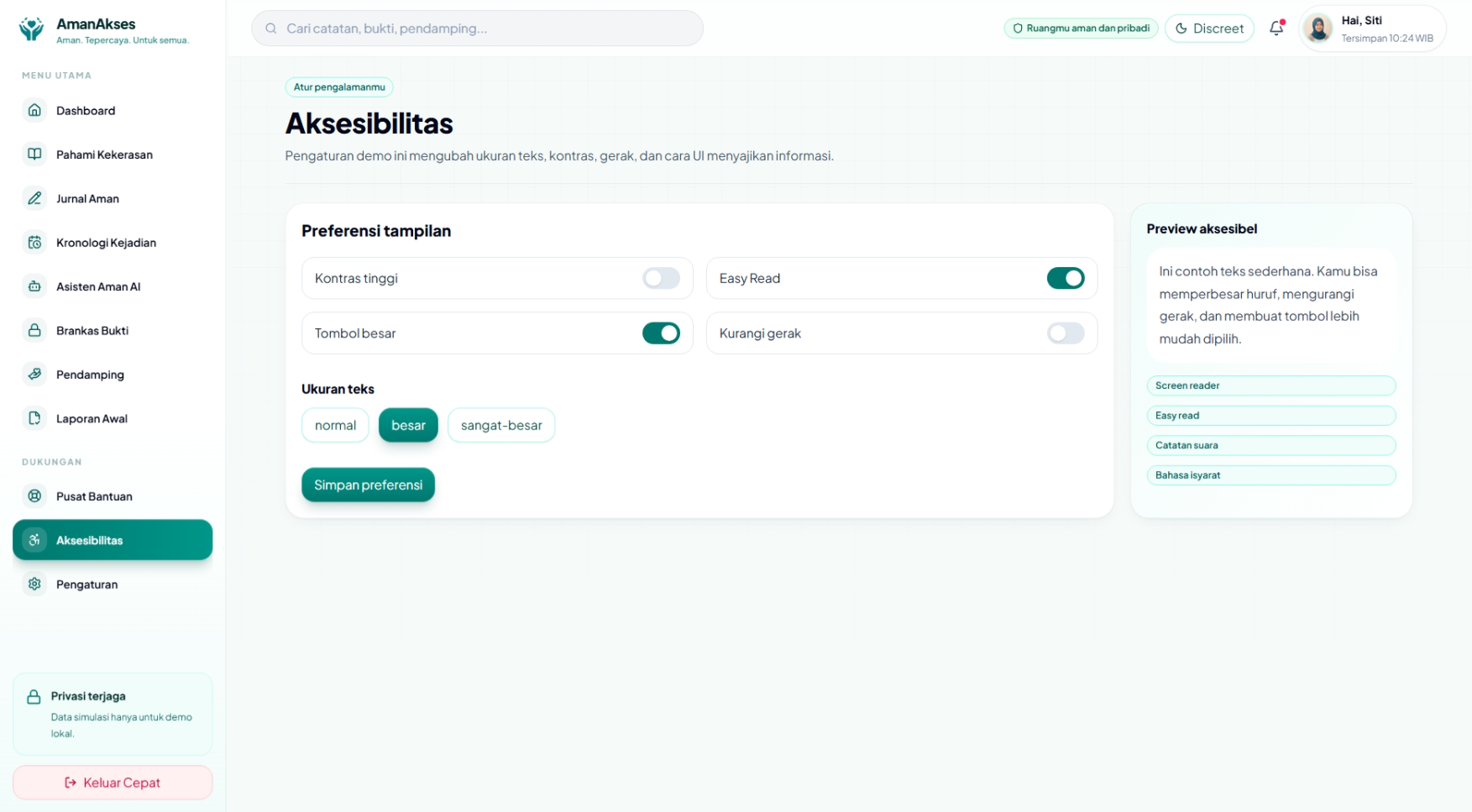 AmanAkses accessibility settings preview