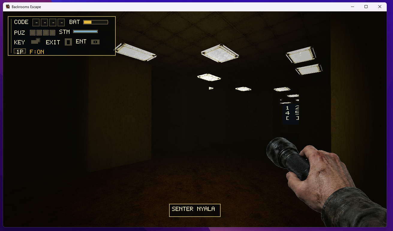 First-person gameplay inside the Backrooms maze